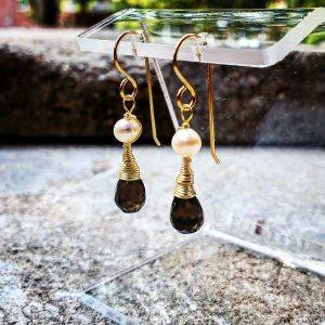 Pearl & Smoky Quartz Gold Fill Dangle Earrings