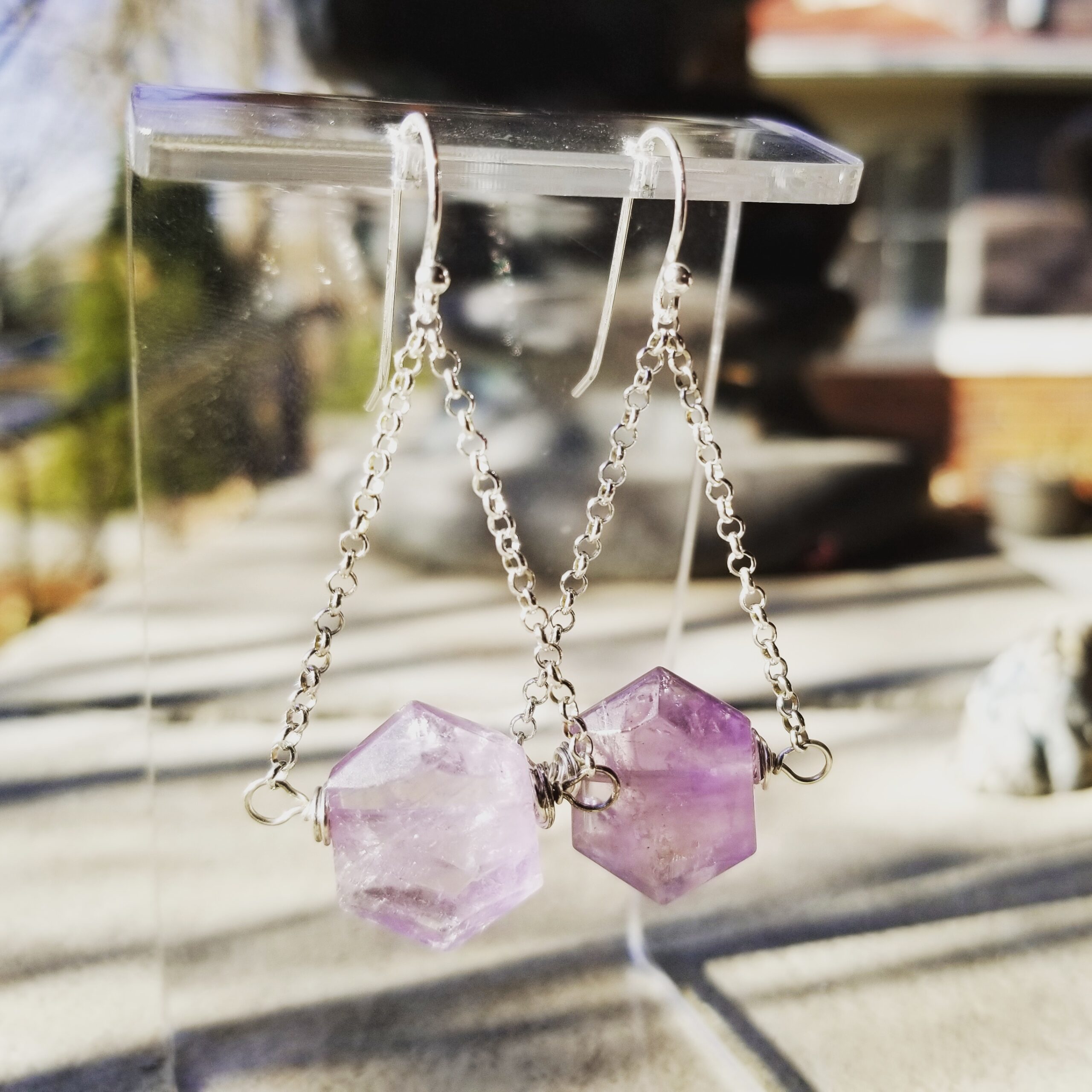 Hexagon Amethyst Sterling Silver Dangle Earrings
