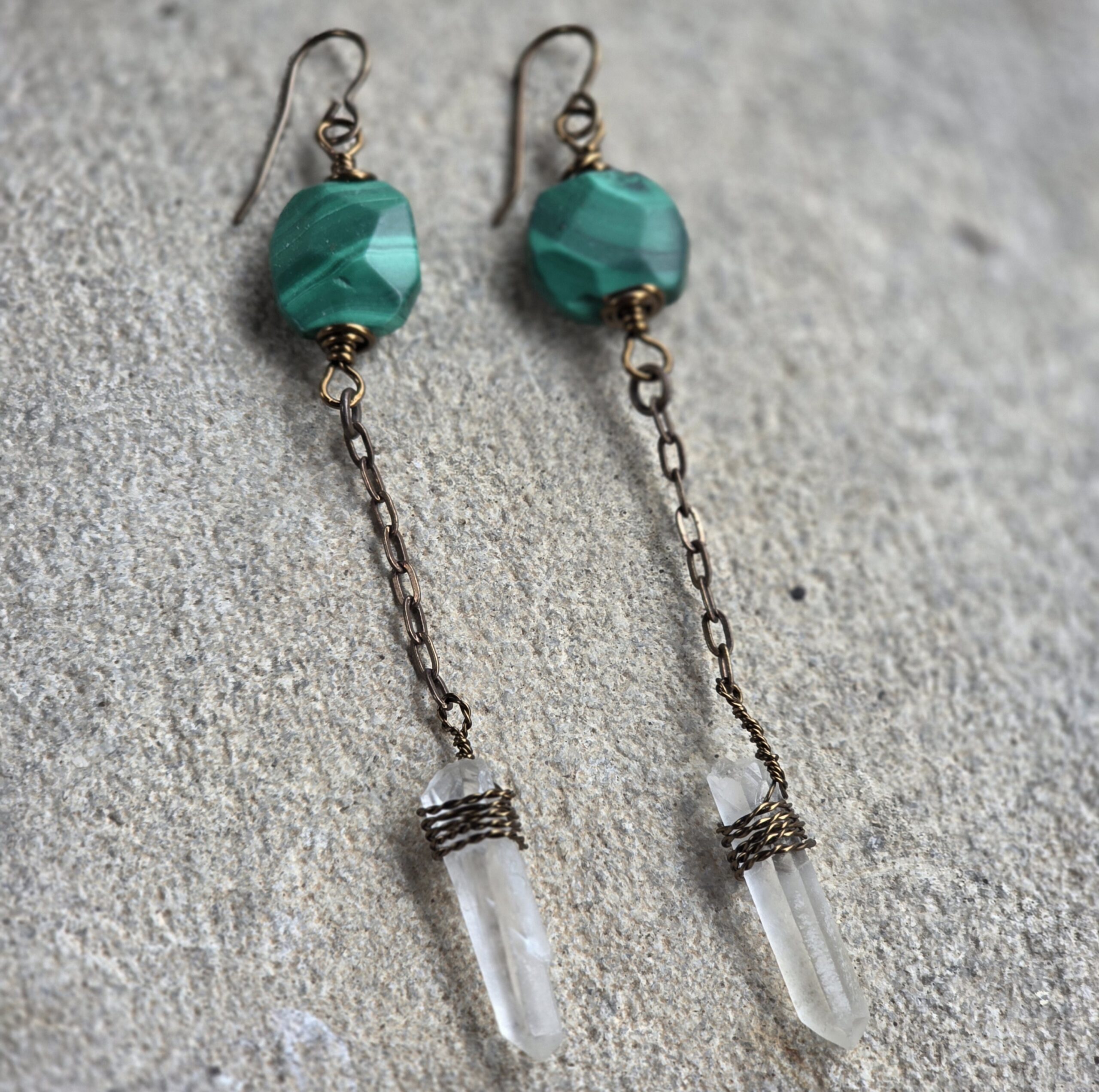 Alchemy Drop Earrings — Green Malachite + Crystal Points - Image 4
