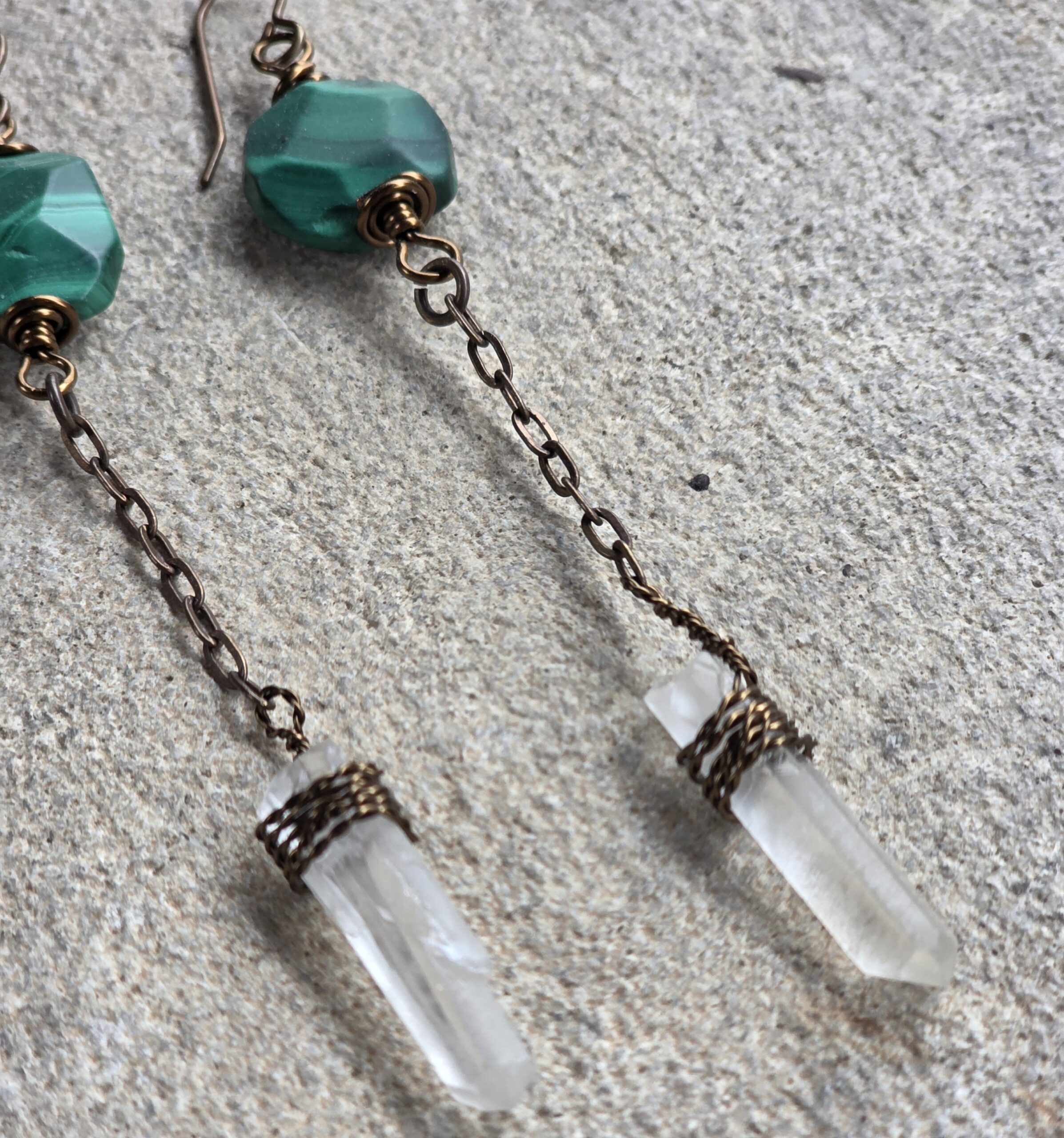 Alchemy Drop Earrings — Green Malachite + Crystal Points - Image 3