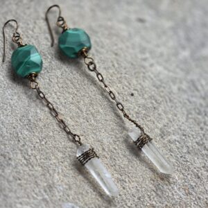 Alchemy Drop Earrings — Green Malachite + Crystal Points