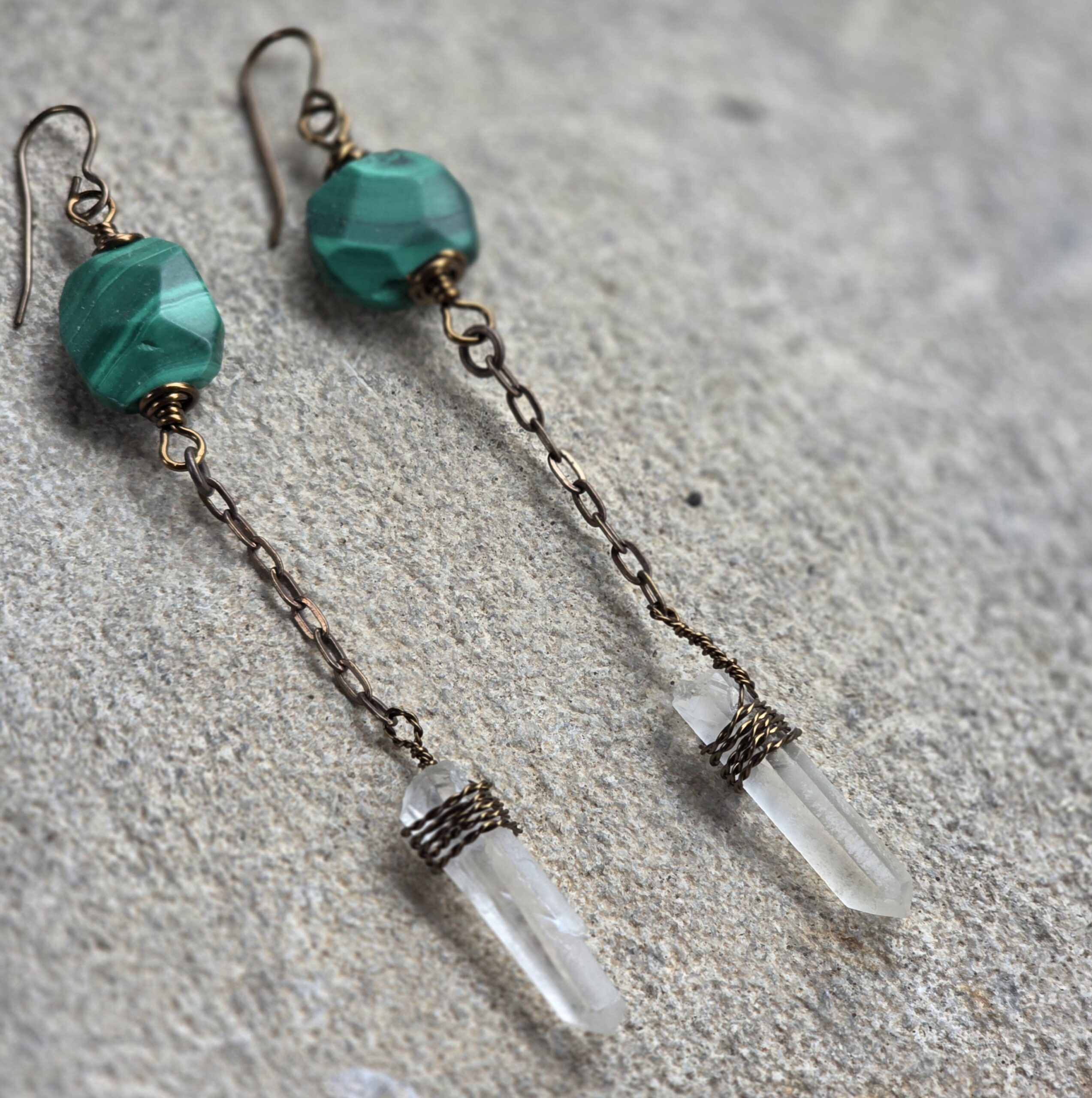 Alchemy Drop Earrings — Green Malachite + Crystal Points