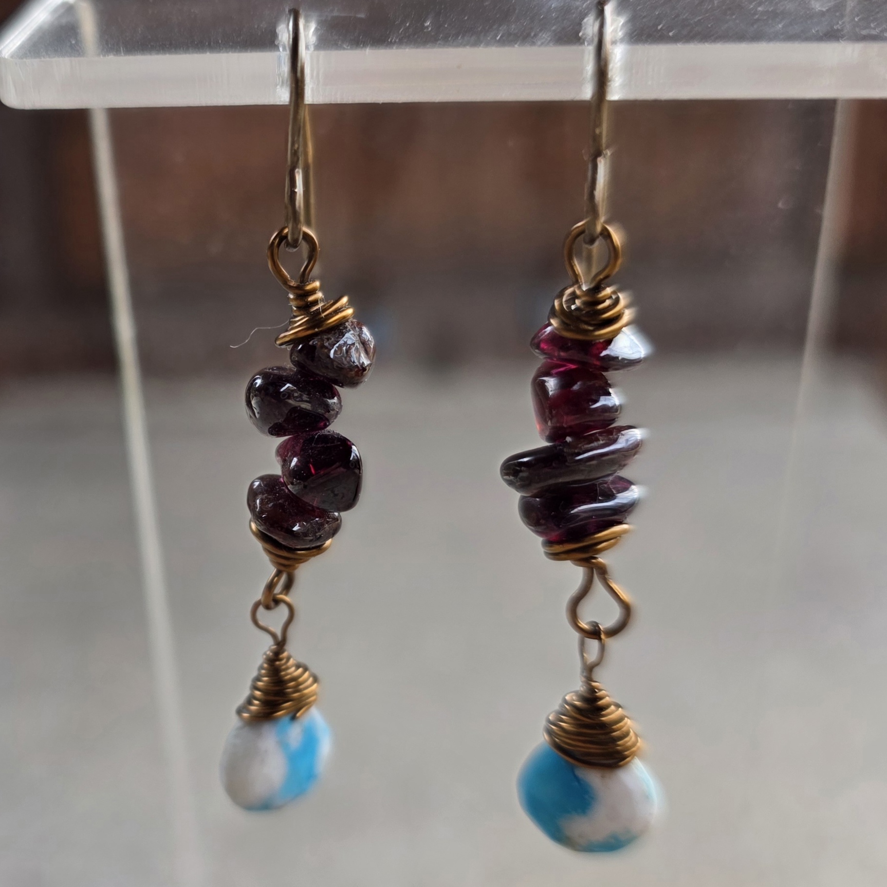 Garnet & Turquoise Magnesite Brass Dangle Earrings - Image 2