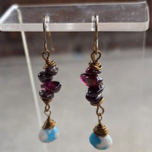 Garnet & Turquoise Magnesite Brass Dangle Earrings