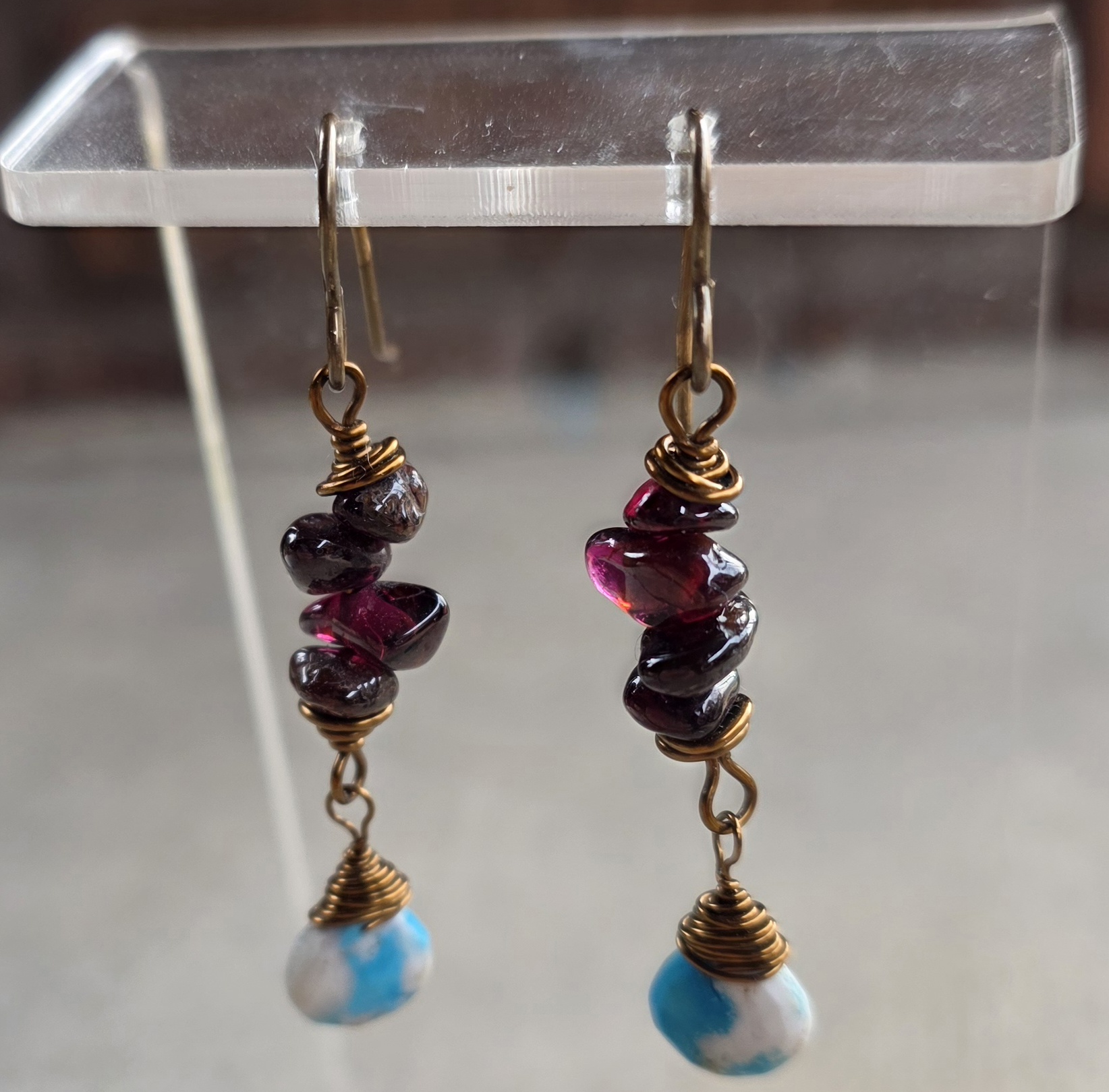 Garnet & Turquoise Magnesite Brass Dangle Earrings