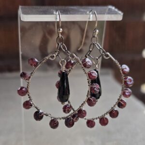 Midnight & Merlot Earrings — Silver Hoops with Gemstone Drops