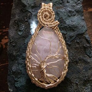 Faceted Rose Quartz Tree of Life Pendant in Handwoven Brass