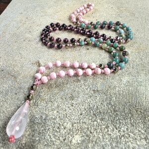 Heart Chakra Mala with Rhodochrosite, Dragon’s Blood Jade, Garnet, Pyrite & Rose Quartz